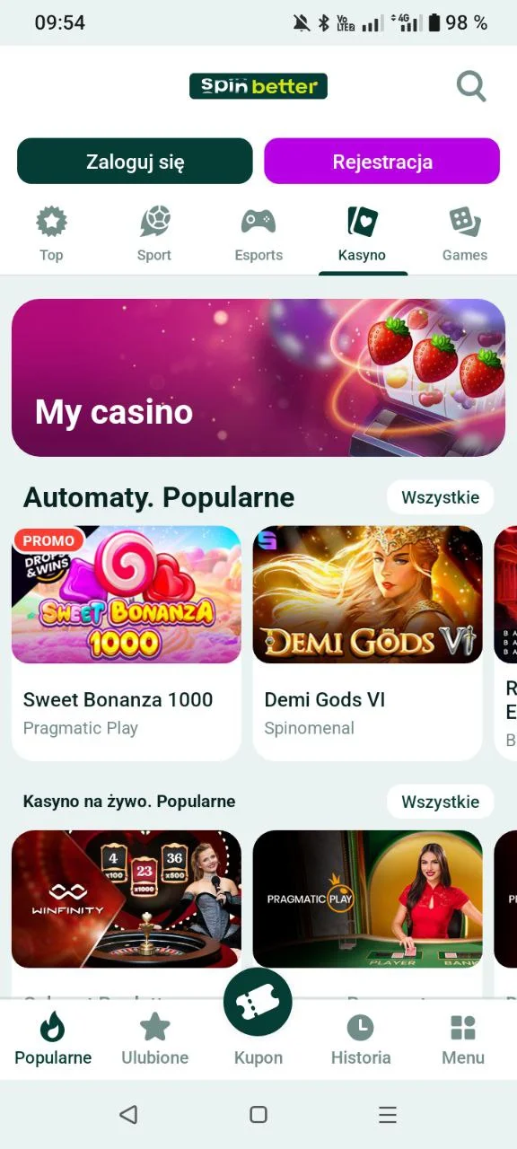 Sekcja kasyna w aplikacji SpinBetter