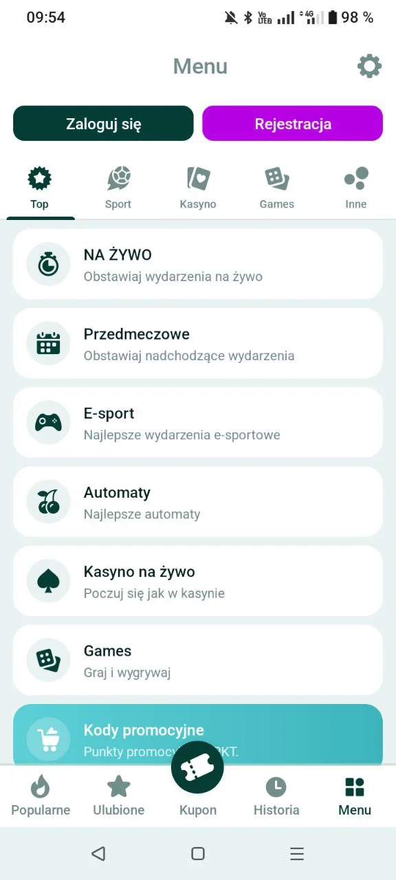 Menu nawigacji w aplikacji SpinBetter