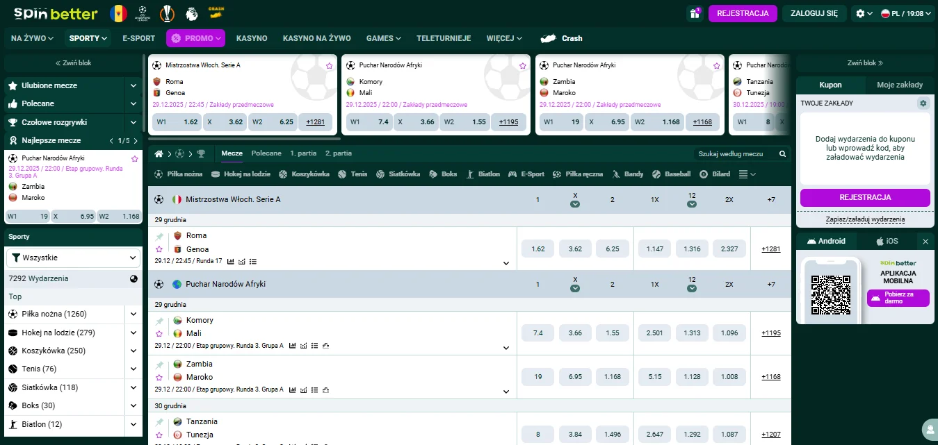 Panel zakladow sportowych SpinBetter