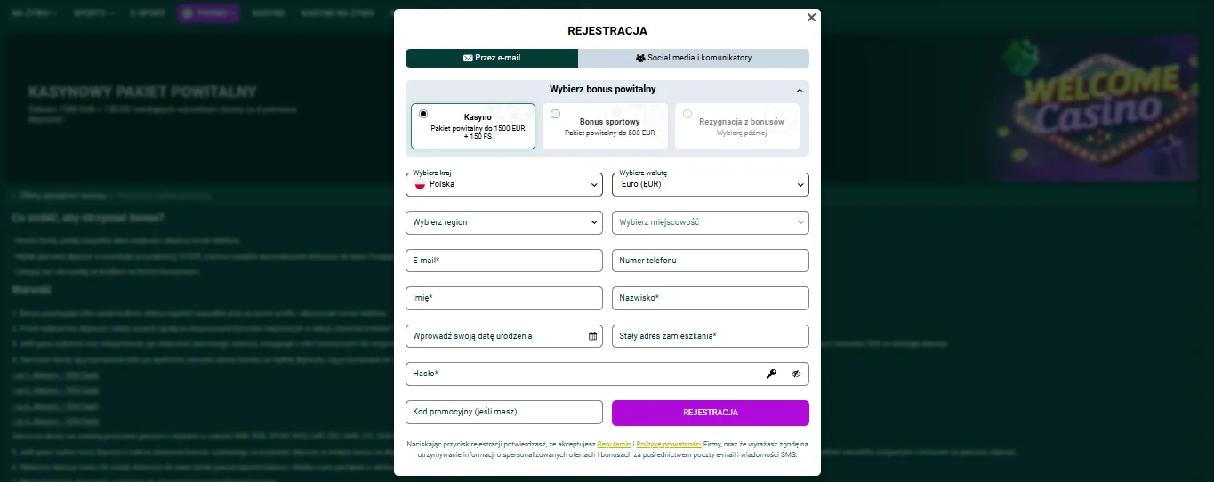 Formularz rejestracji SpinBetter z polem na kod promocyjny
